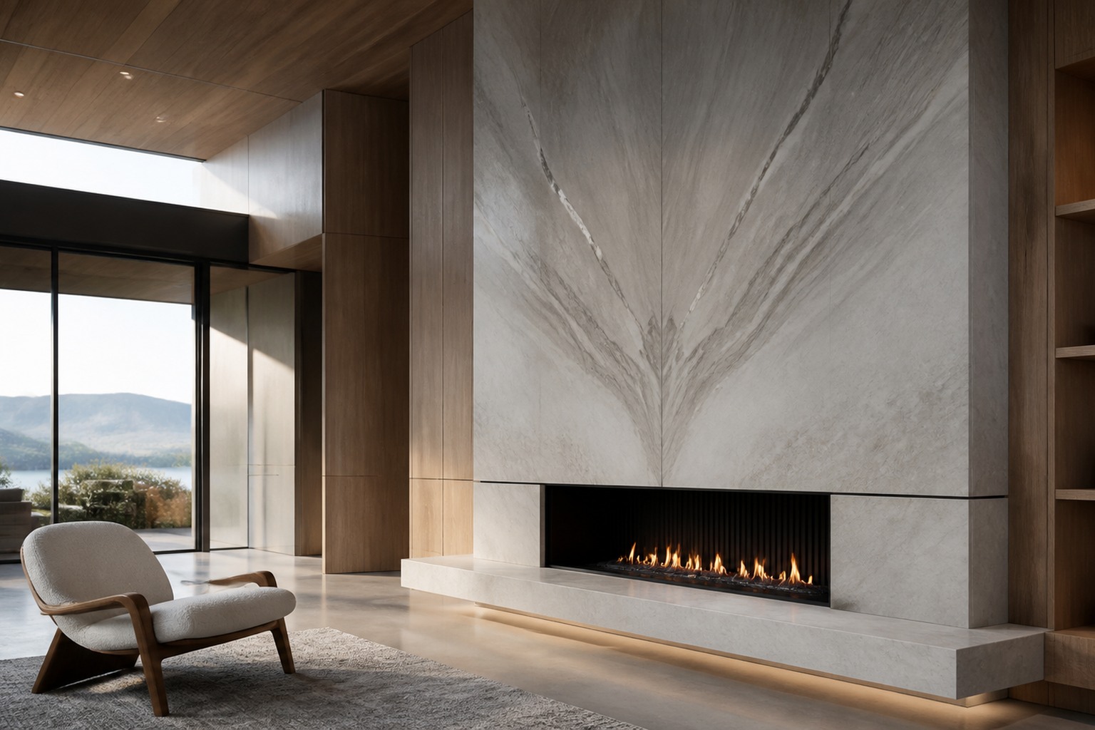 Tile installation in Vaughan open-concept home featuring a full-height porcelain slab fireplace and main-floor tile