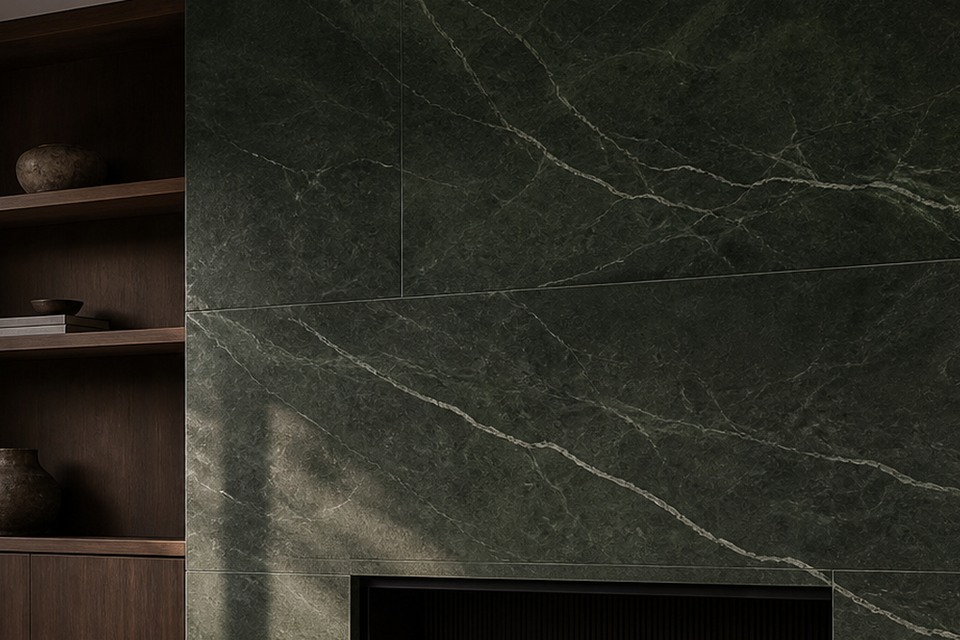 Close view of Whitchurch-Stouffville fireplace tile outside corners and linear firebox trim