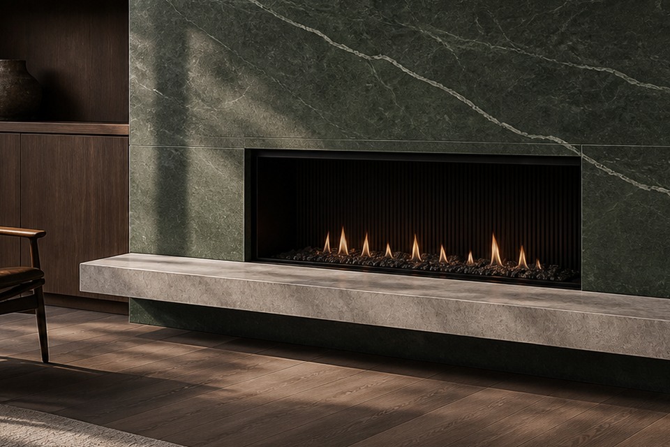 Detailed view of Whitchurch-Stouffville tiled hearth bench and floor transition