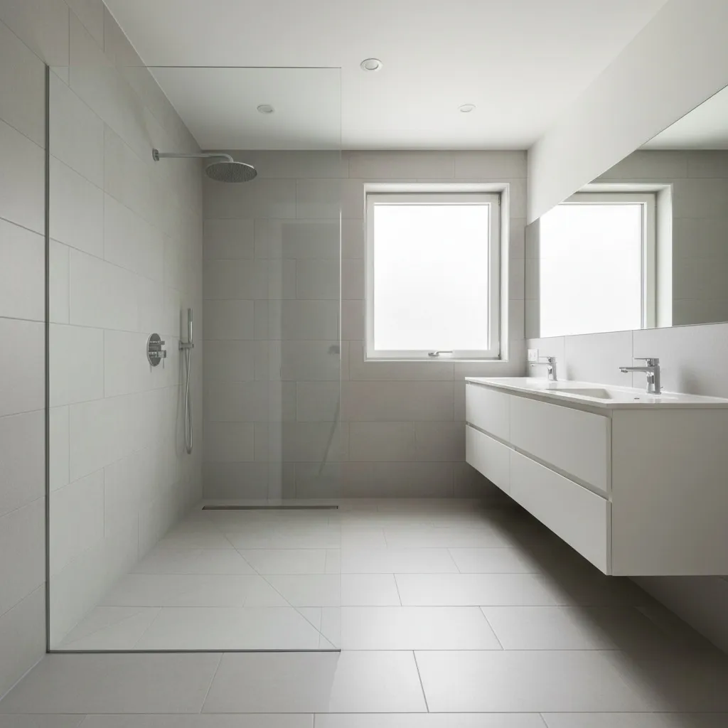Wet-room tile floor, drain and glass transition