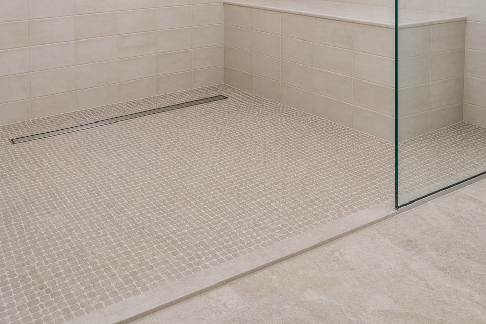 Close view of a mosaic shower floor meeting a linear drain, glass edge and bathroom tile