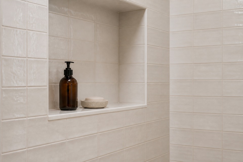 Close view of an ivory stacked-tile niche with aligned shelf and wall joints