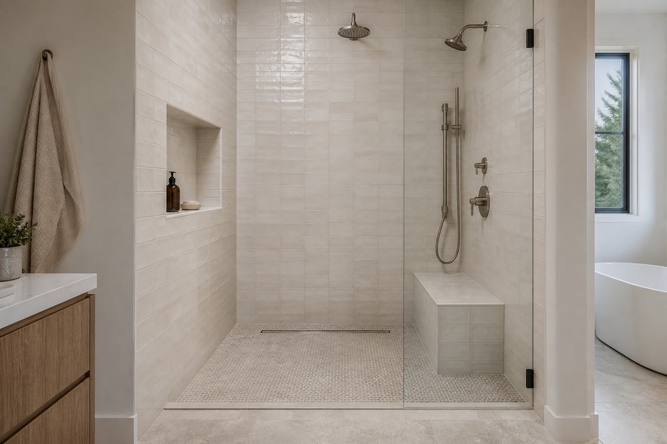 Room view of an ivory stacked-tile shower with a niche, bench, mosaic floor and linear drain