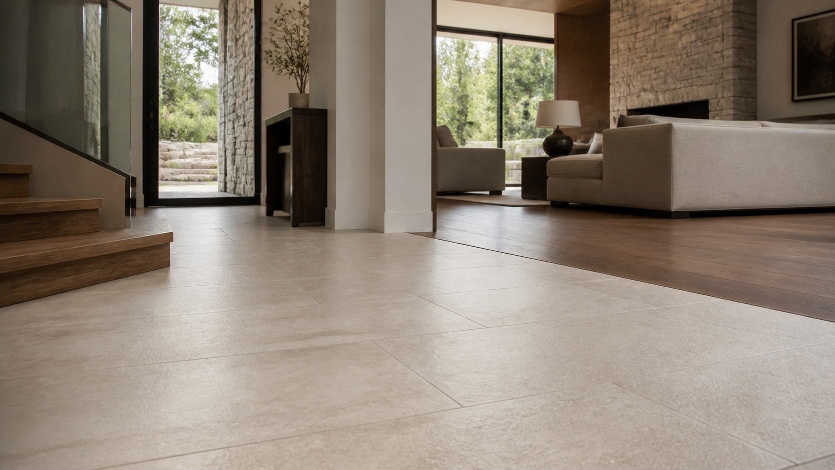 Large-format limestone-look floor design crossing a bright entry and living space