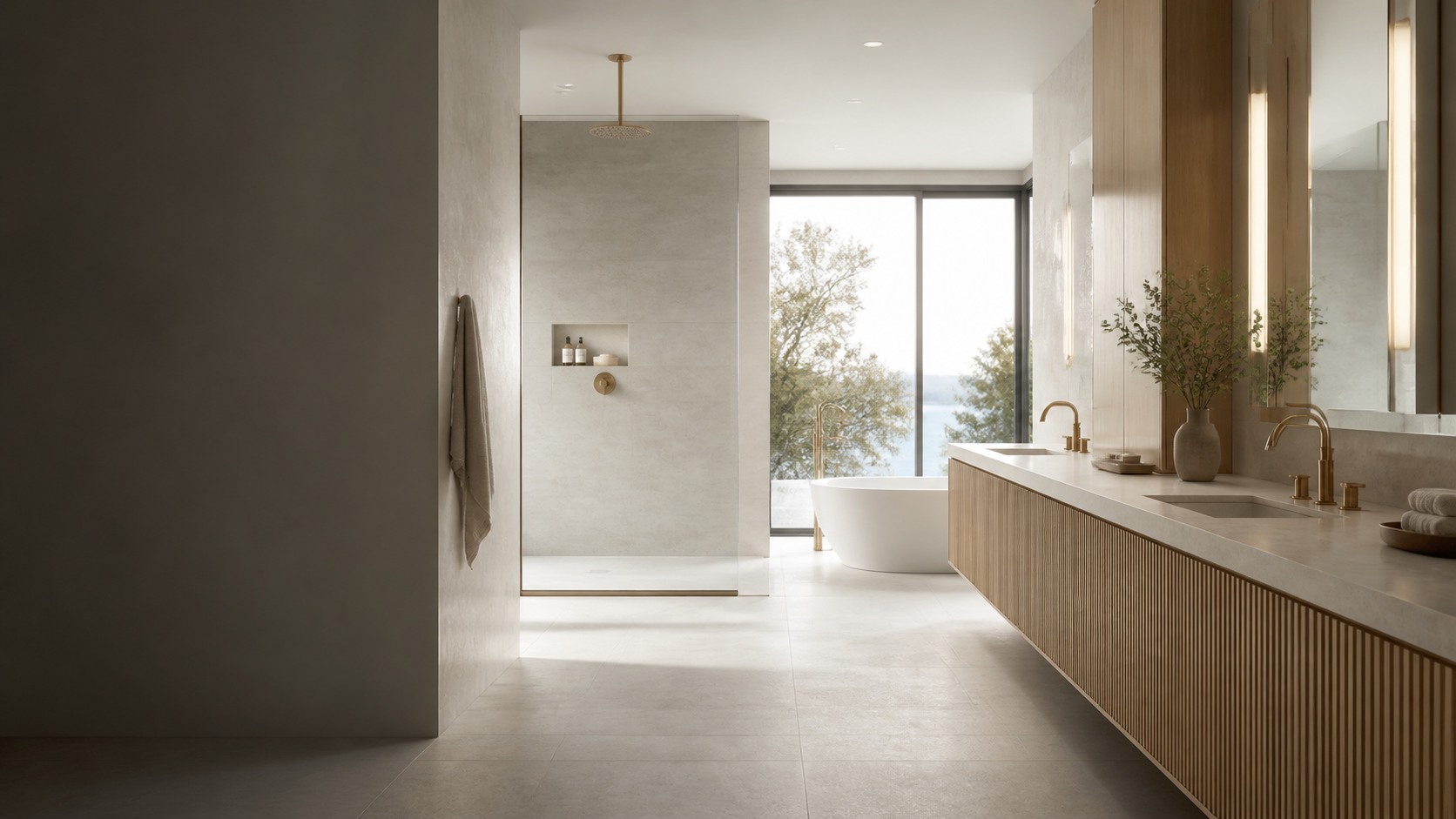 Pale stone principal bathroom design with fluted oak cabinetry and soft natural light