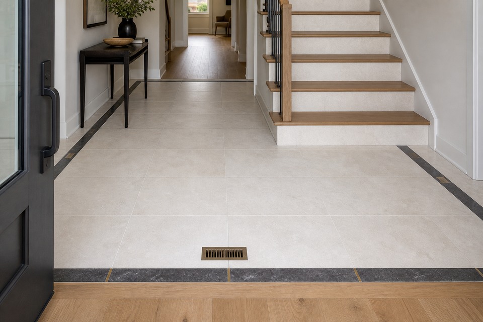 Room view of a large-format entrance floor with a dark border, brass accents and floor register