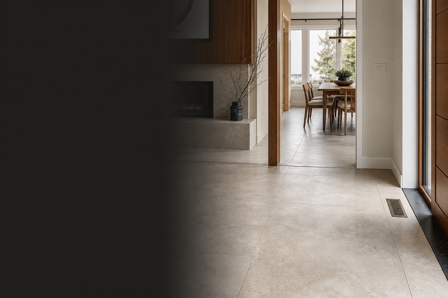Tile installation in Burlington room view showing tile scale, joint layout and adjoining finishes