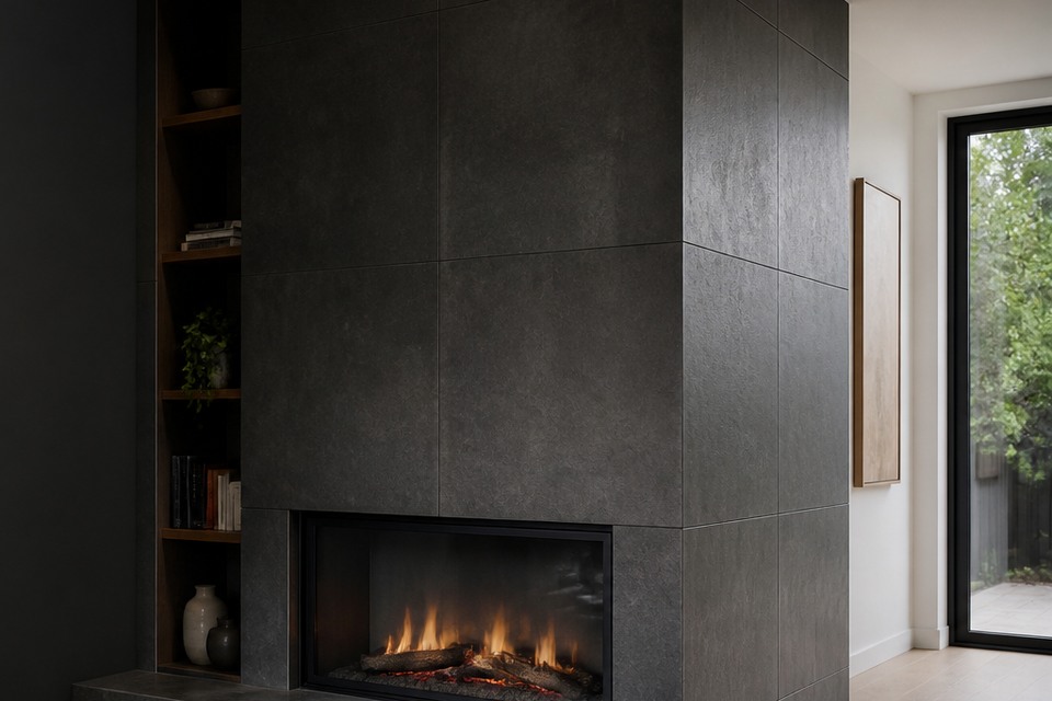 Detailed view for Fireplace Tile Installation showing joint alignment, edges and changes of plane