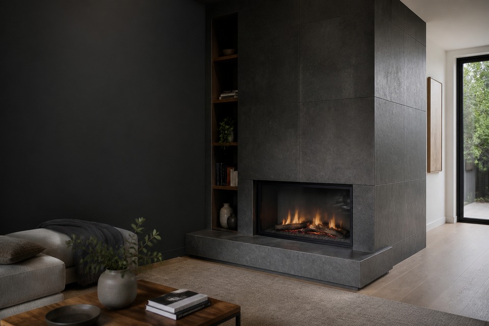 Fireplace Tile Installation room view showing tile scale, joint layout and adjoining finishes
