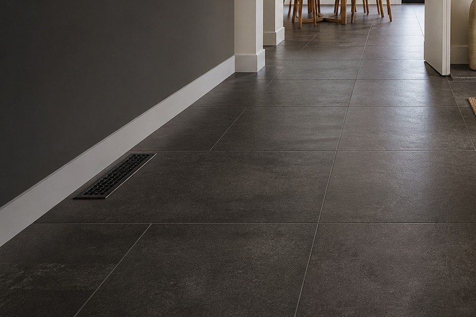 Detailed view for Floor Tile Installation showing tile cuts, grout joints and surface transitions