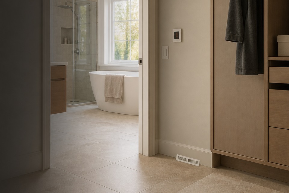 Detailed view for Heated Floor Tile Installation showing joint alignment, edges and changes of plane