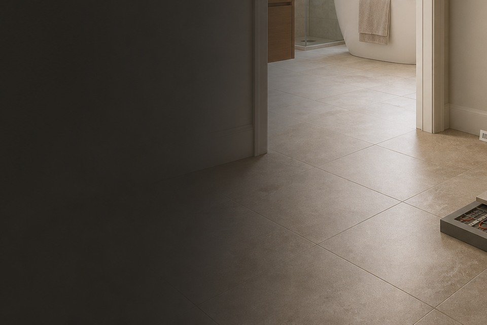 Detailed view for Heated Floor Tile Installation showing tile cuts, grout joints and surface transitions