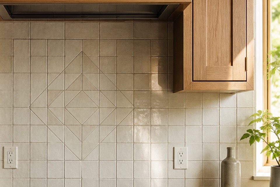 Detailed view for Kitchen Backsplash Tile Installation showing joint alignment, edges and changes of plane