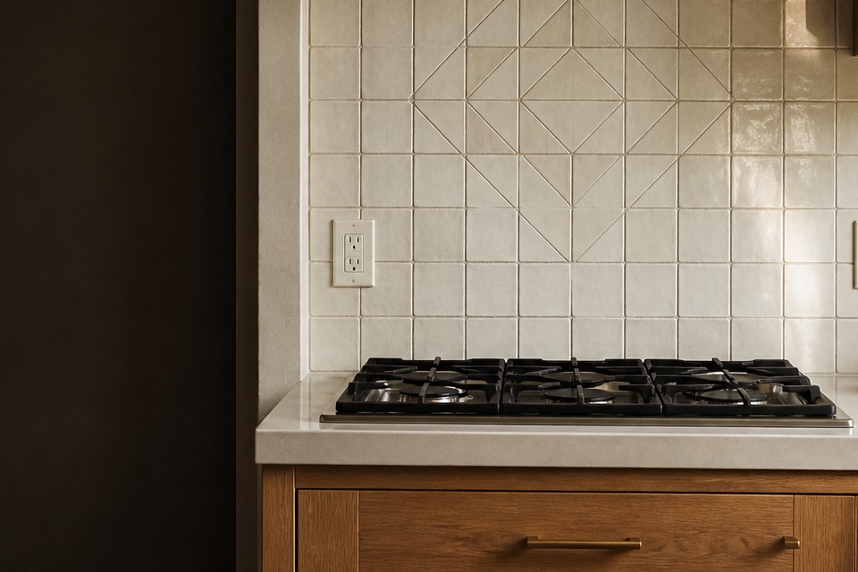 Detailed view for Kitchen Backsplash Tile Installation showing tile cuts, grout joints and surface transitions