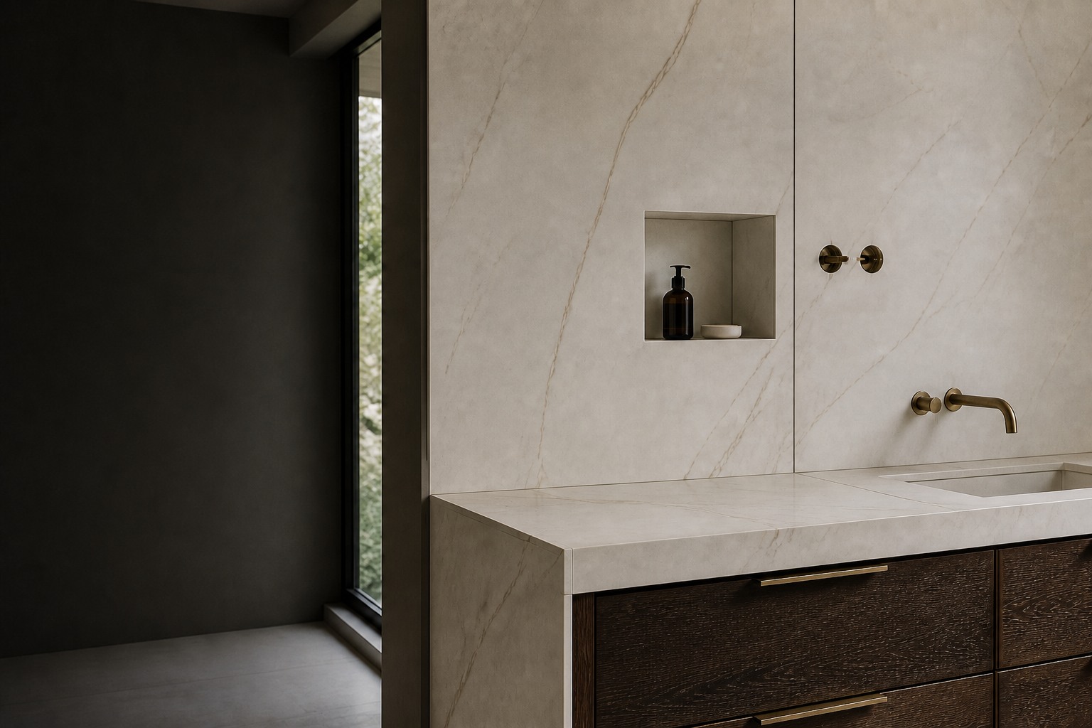 Porcelain Slab Installation room view showing tile scale, joint layout and adjoining finishes