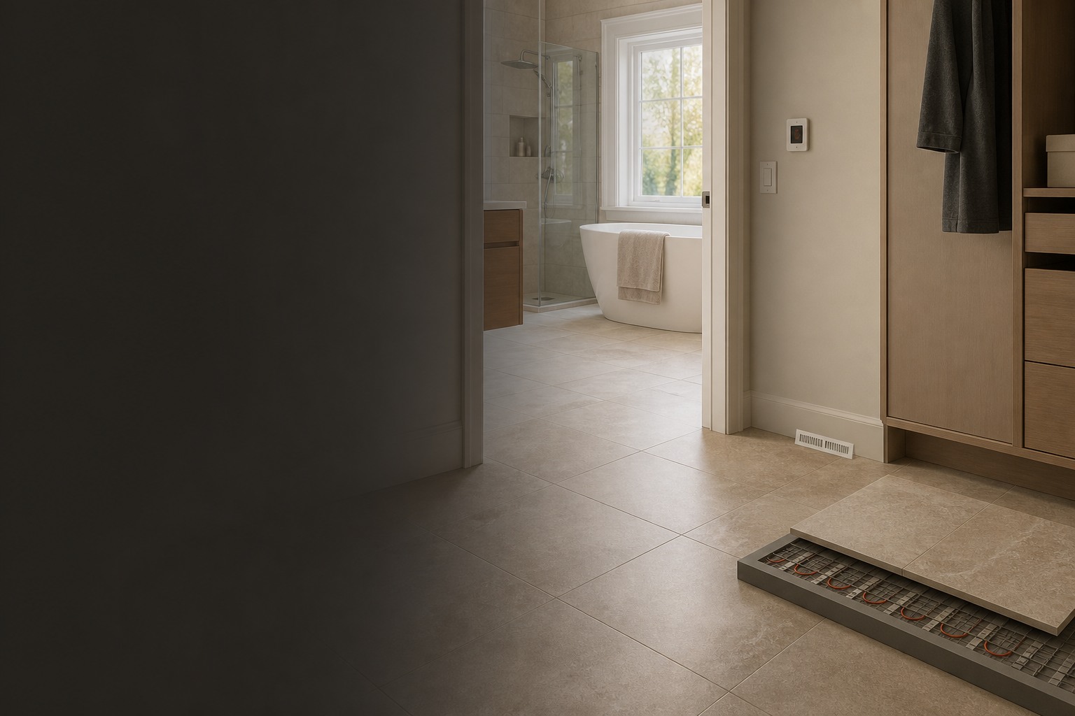 Heated Floor Tile Installation room view showing tile scale, joint layout and adjoining finishes