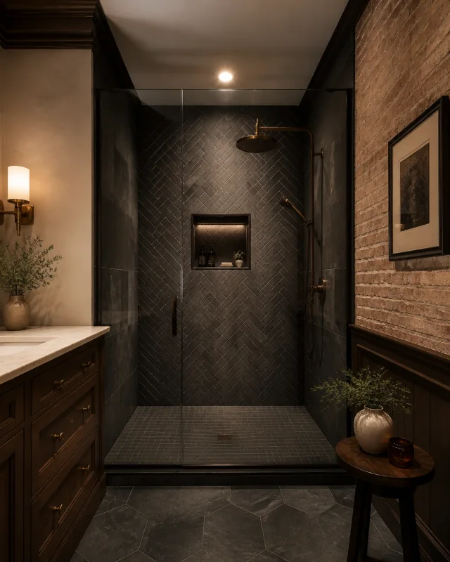 Moody character-home bathroom with dark herringbone shower tile and brick detailing