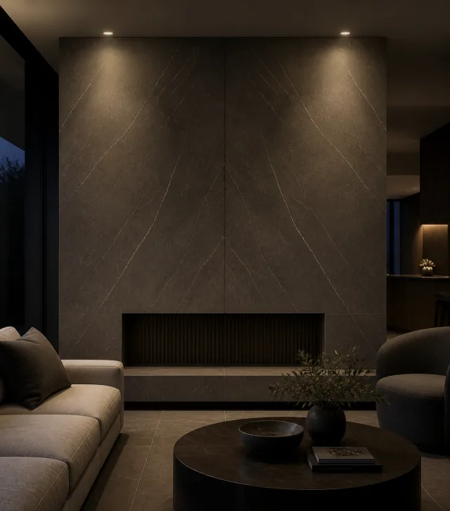 Dark living room with a bookmatched large-format slab fireplace wall