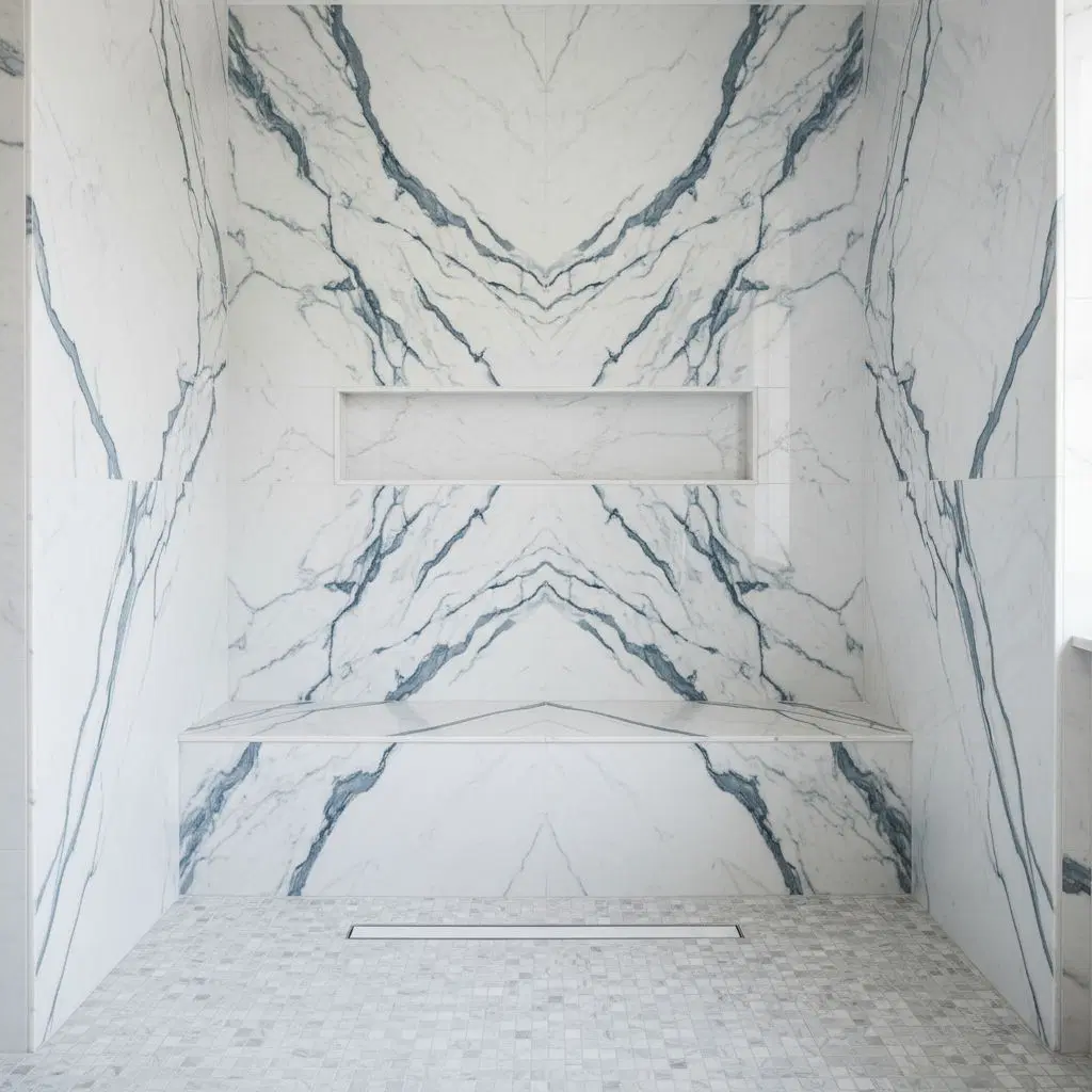 Bookmatched large-format shower wall with aligned veining