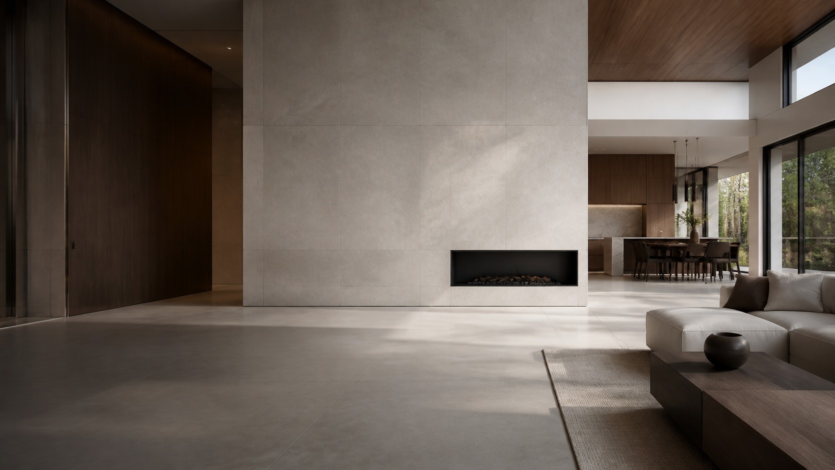 Living-space design with large-format pale porcelain wall and floor planes
