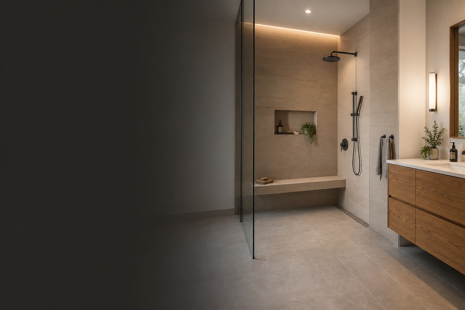 Curbless Shower Tile Installation room view showing tile scale, joint layout and adjoining finishes