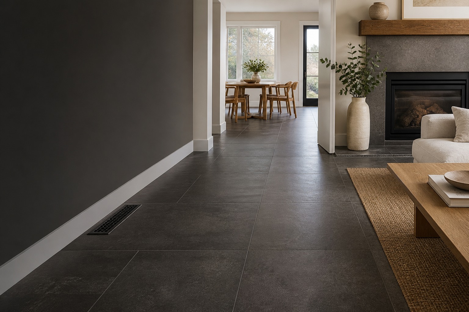 Floor Tile Installation room view showing tile scale, joint layout and adjoining finishes