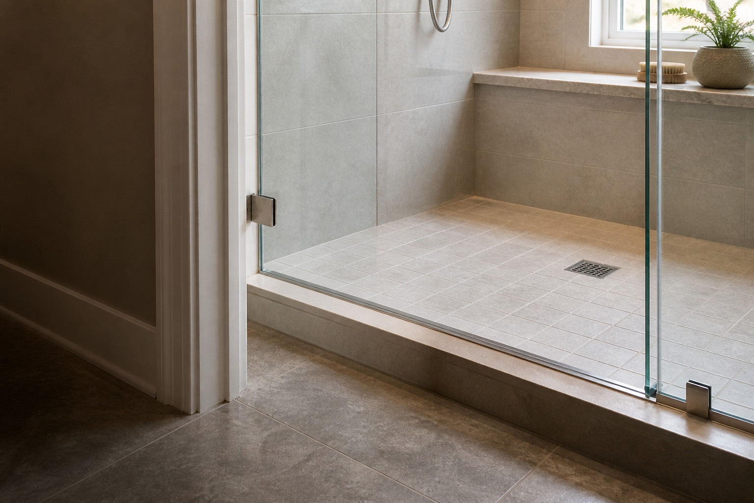 Tiled shower threshold and glass channel with a subtle damp joint worth investigating