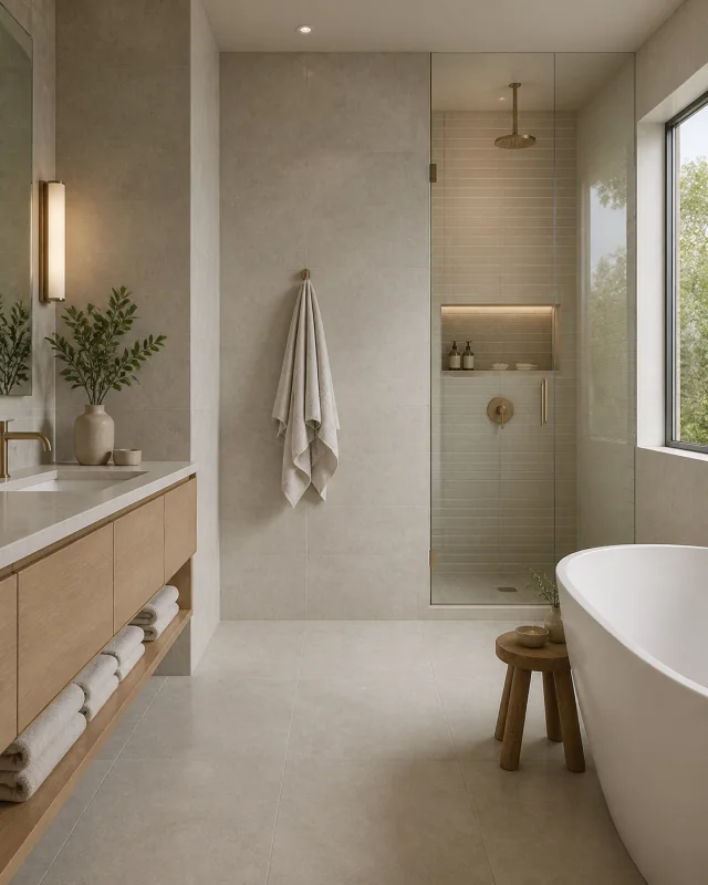Warm light-coloured tiled bathroom with oak cabinetry and a freestanding bath
