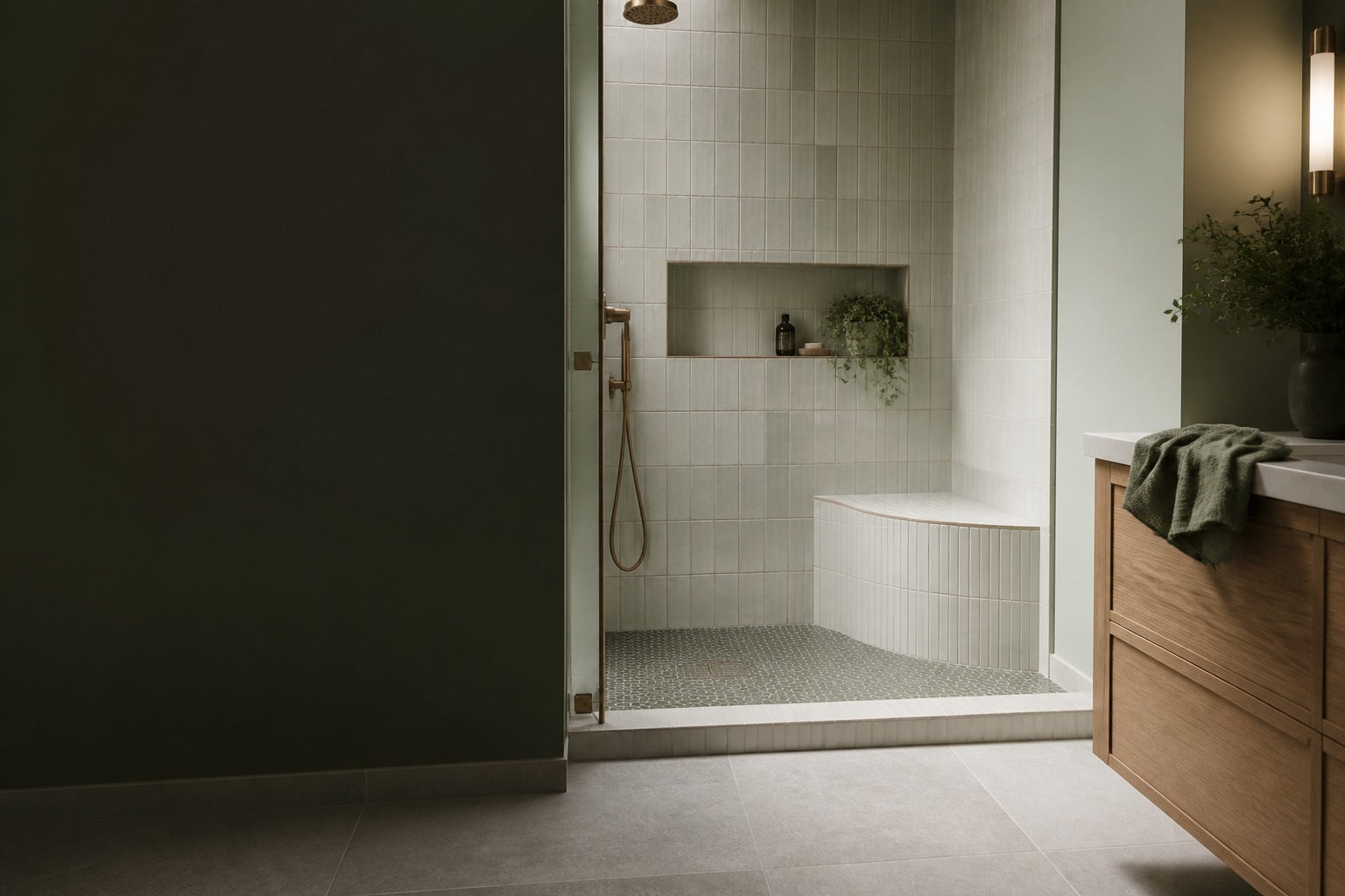 Small-Format and Mosaic Tile Installation room view showing tile scale, joint layout and adjoining finishes