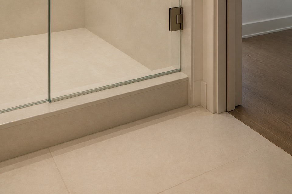 Close view of a shower curb, glass channel and porcelain-to-wood doorway transition