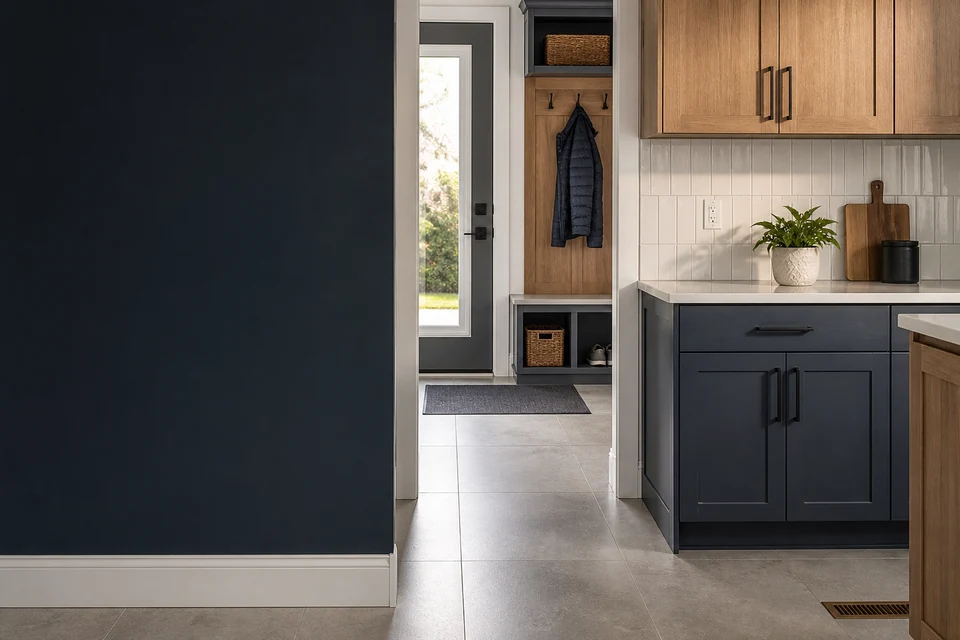 Tiled room showing tile scale, joint layout and adjoining finishes