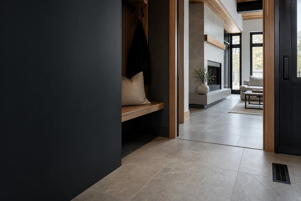 Tiled room showing tile scale, joint layout and adjoining finishes