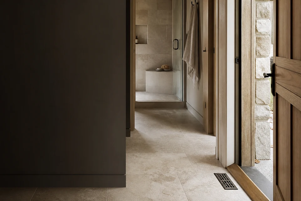 Tiled room showing tile scale, joint layout and adjoining finishes