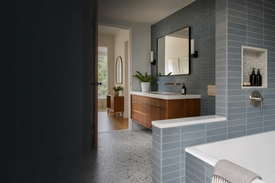 Tiled room showing tile scale, joint layout and adjoining finishes