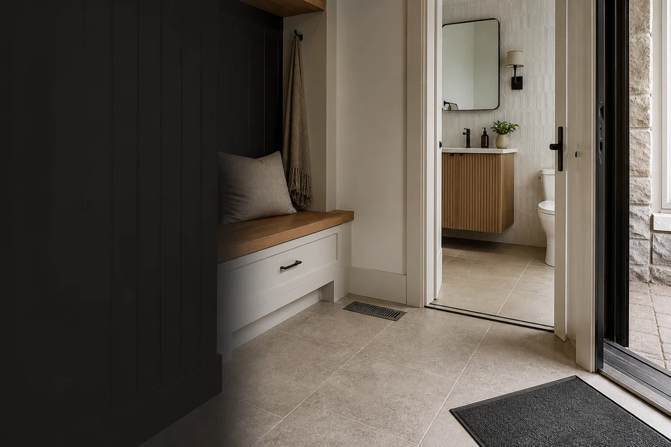 Tiled room showing tile scale, joint layout and adjoining finishes