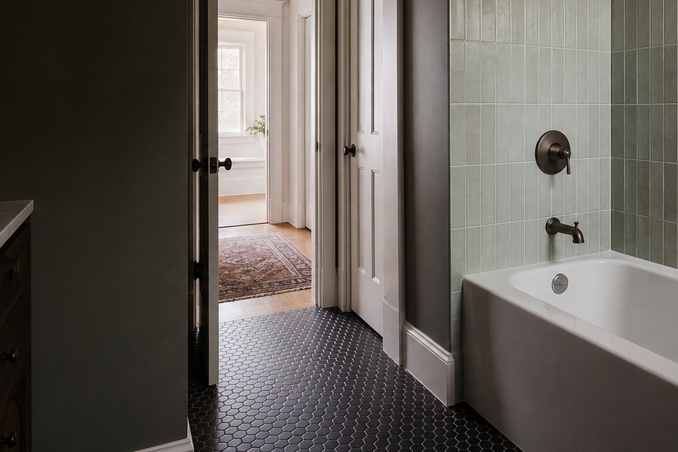 Detailed view for Tile installation in Guelph showing tile cuts, grout joints and surface transitions