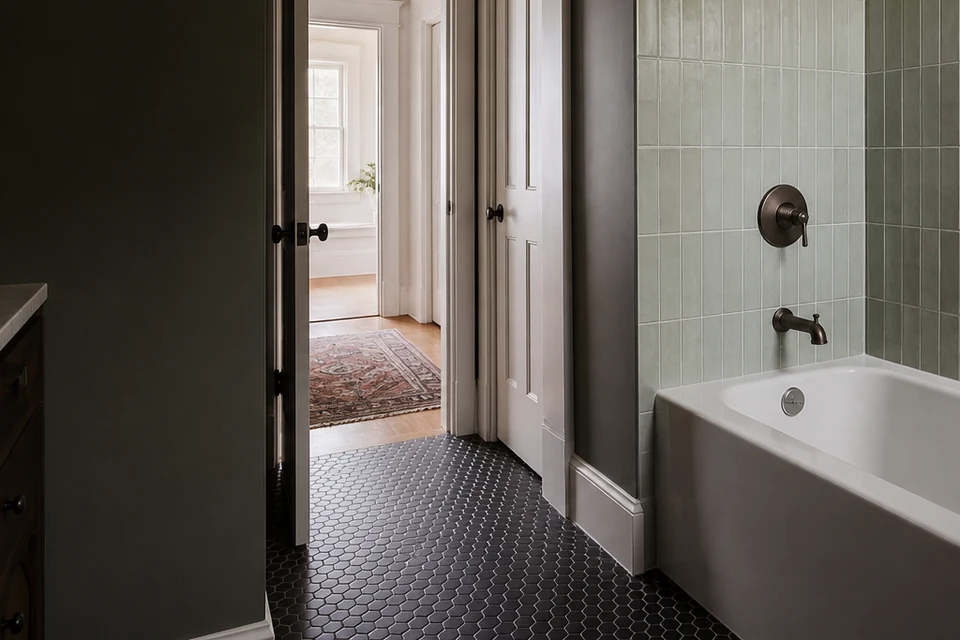Tile detail showing tile cuts, grout joints and surface transitions