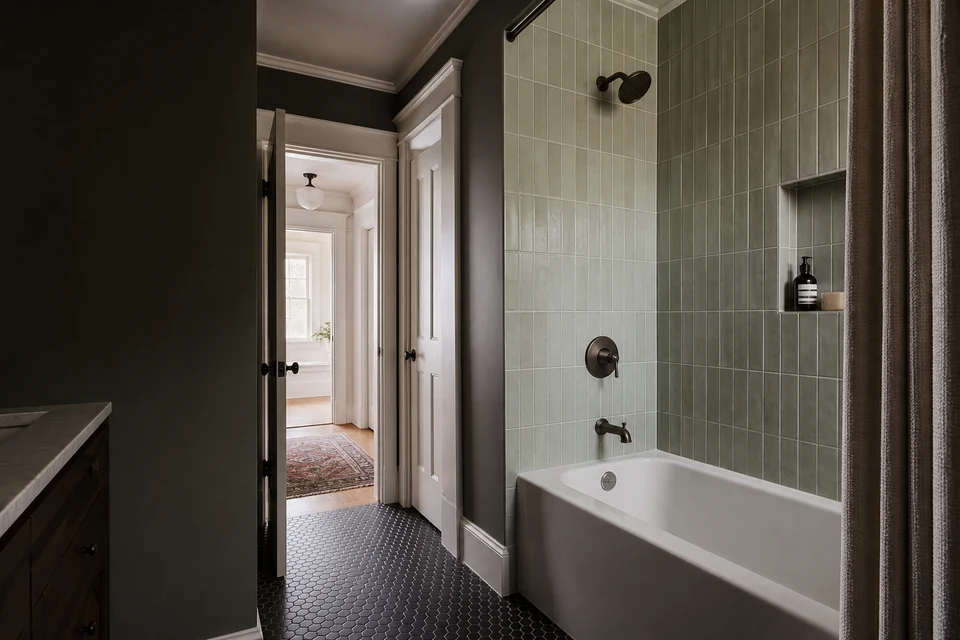 Tiled room showing tile scale, joint layout and adjoining finishes