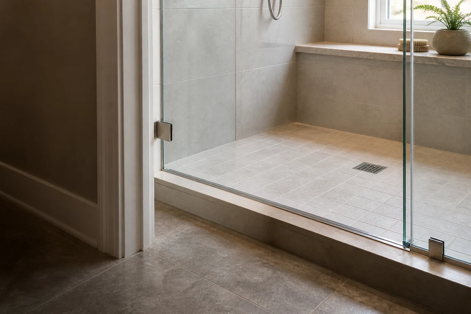 Tiled shower threshold and glass channel with a subtle damp joint worth investigating