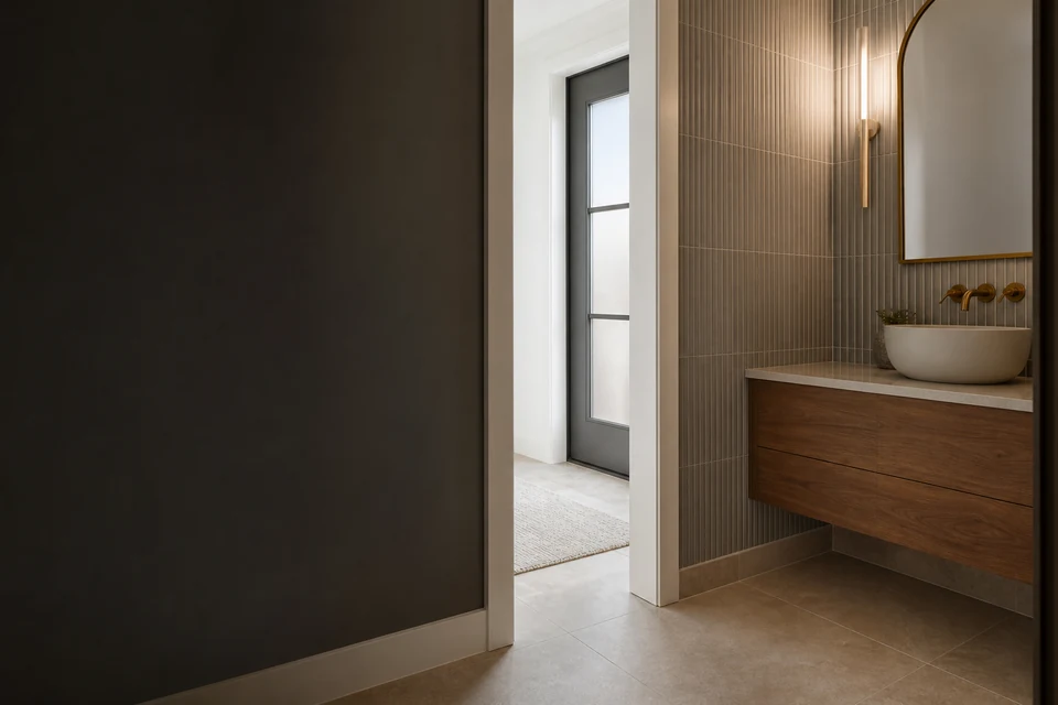 Tiled room showing tile scale, joint layout and adjoining finishes