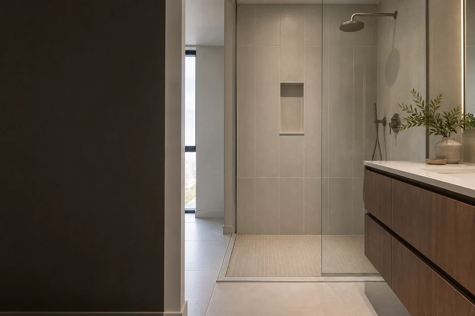 Tiled room showing tile scale, joint layout and adjoining finishes