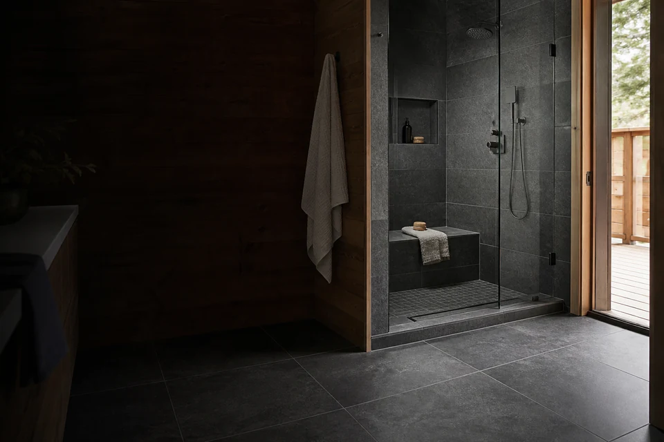 Tiled room showing tile scale, joint layout and adjoining finishes