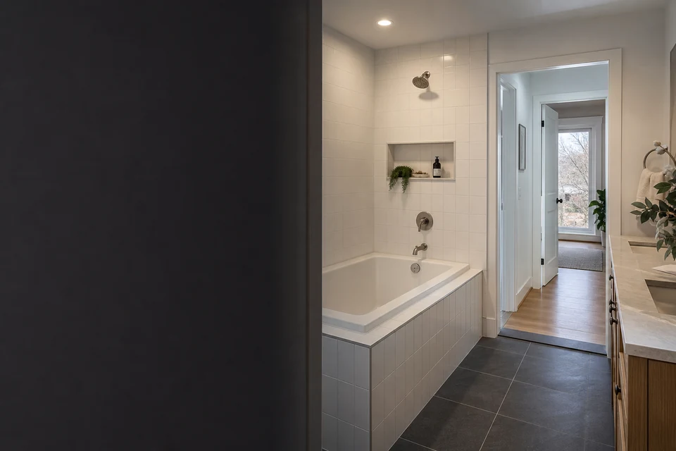 Tiled room showing tile scale, joint layout and adjoining finishes