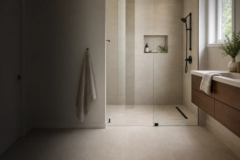 Tiled room showing tile scale, joint layout and adjoining finishes