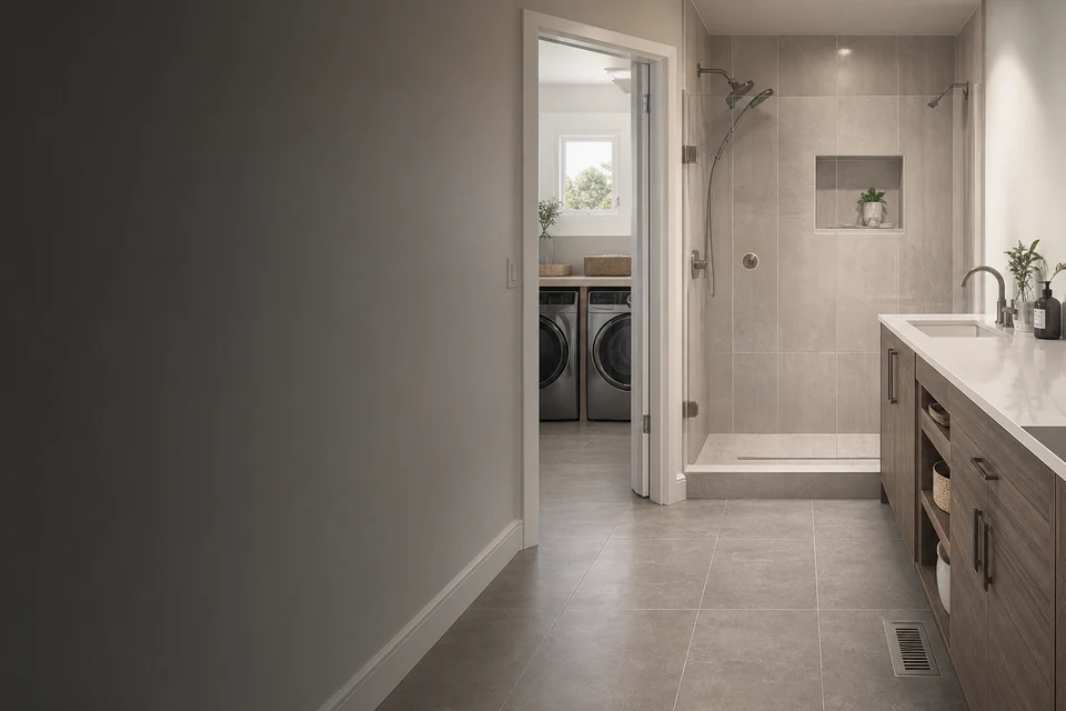 Tiled room showing tile scale, joint layout and adjoining finishes
