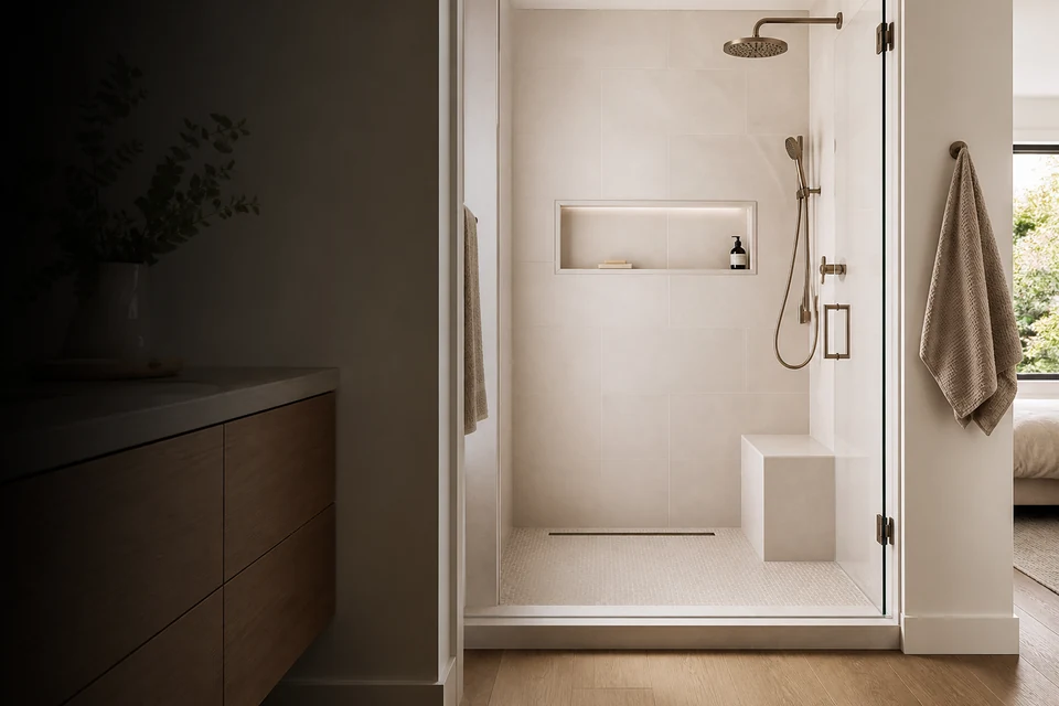 Tiled room showing tile scale, joint layout and adjoining finishes