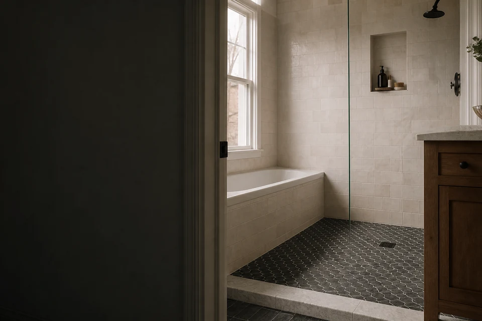 Tiled room showing tile scale, joint layout and adjoining finishes