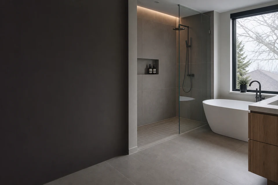 Tiled room showing tile scale, joint layout and adjoining finishes