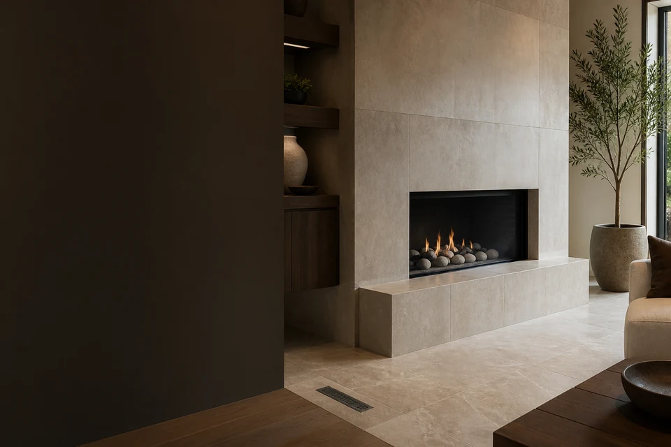 Tiled room showing tile scale, joint layout and adjoining finishes