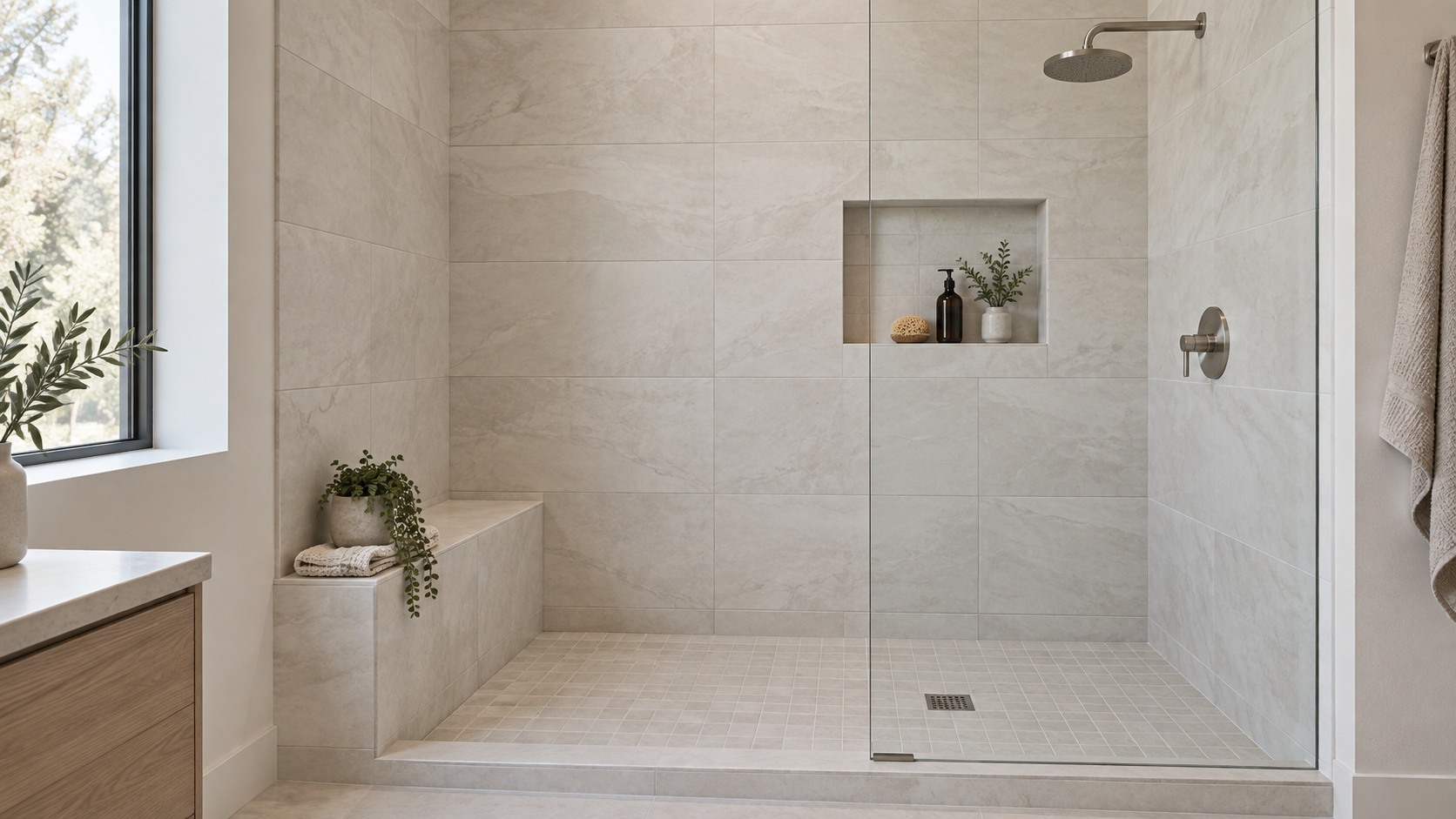 Warm porcelain shower tile with a recessed niche, tiled bench and clear glass panel